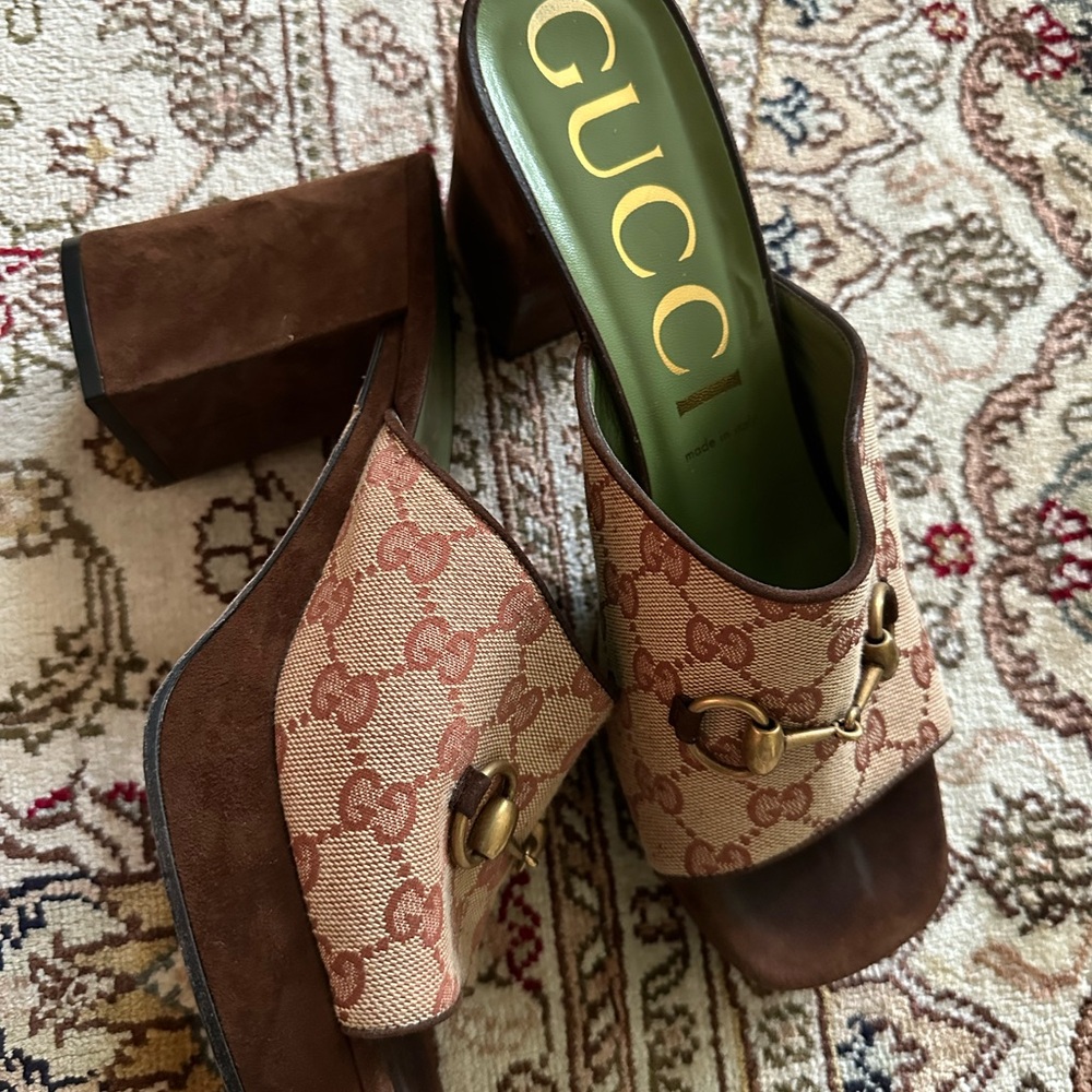 Gucci Brown and Tan Mules with Signature Monogram
